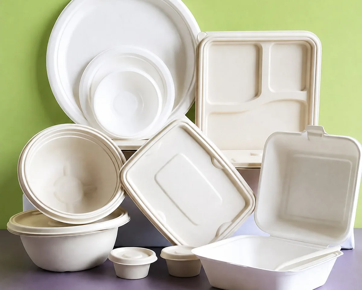 The EcoPrimé range — compostable bagasse plates, bowls, compartment trays, clamshells and portion cups
