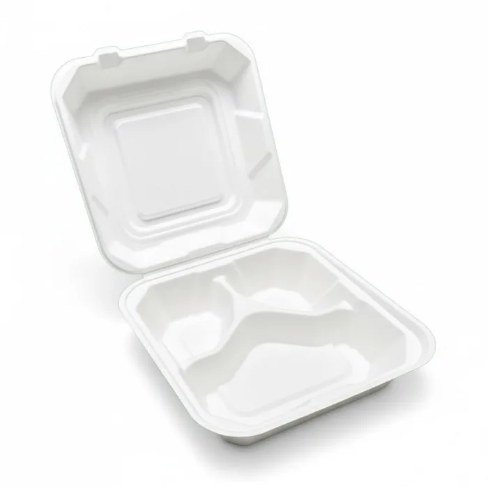 EcoPrime 8x8 inch 3-compartment bagasse clamshell