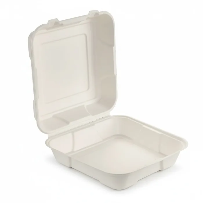 EcoPrime 9x9 inch compostable bagasse clamshell, lid open