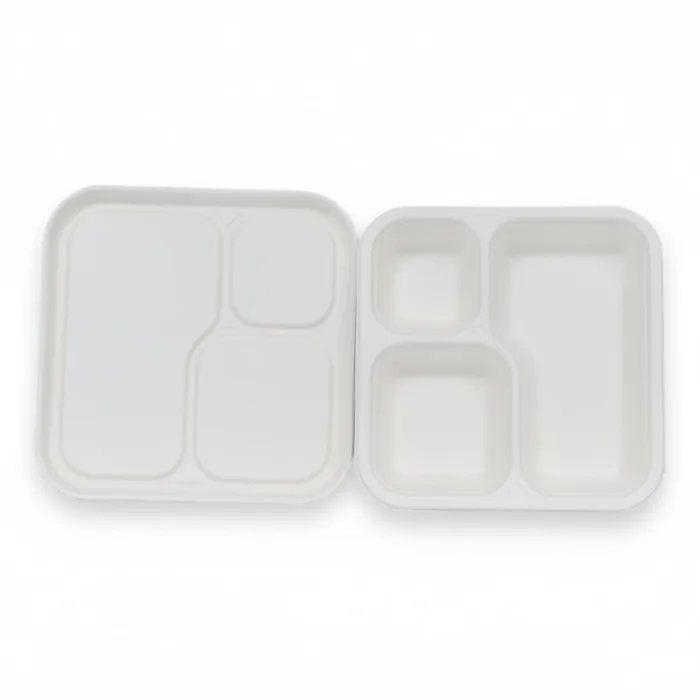 EcoPrime 3-compartment bagasse meal tray with matching lid