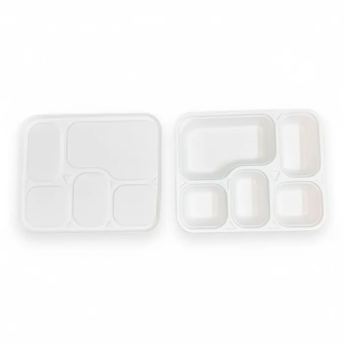 EcoPrime 5-compartment bagasse meal tray with matching lid