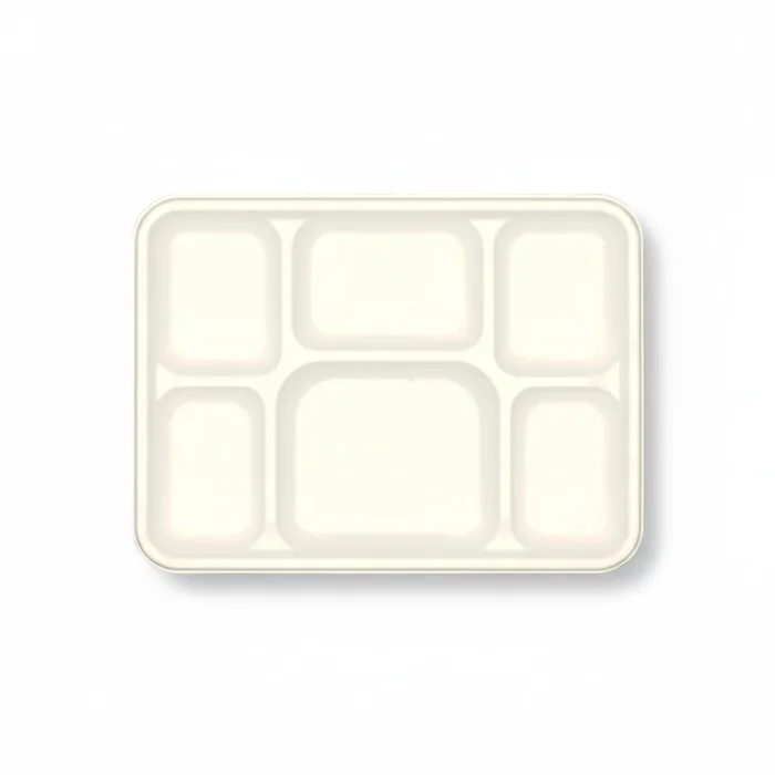 Top view of EcoPrime 6-compartment bagasse meal tray