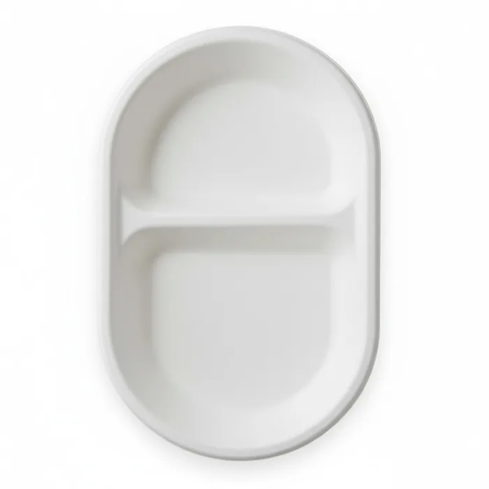 EcoPrime 8 inch 2-compartment oval compostable bagasse plate