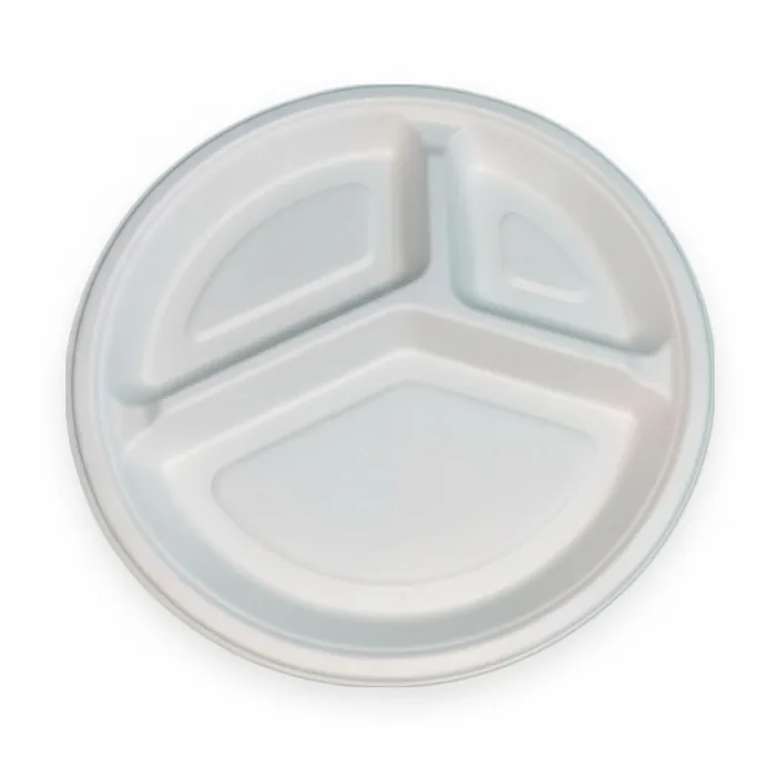 EcoPrime 9 inch 3-compartment round compostable bagasse plate