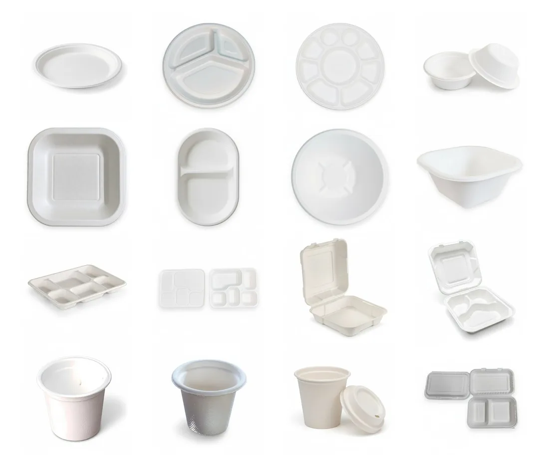 EcoPrimé compostable bagasse tableware range — plates, compartment plates, bowls, meal trays, clamshells, cups and lids